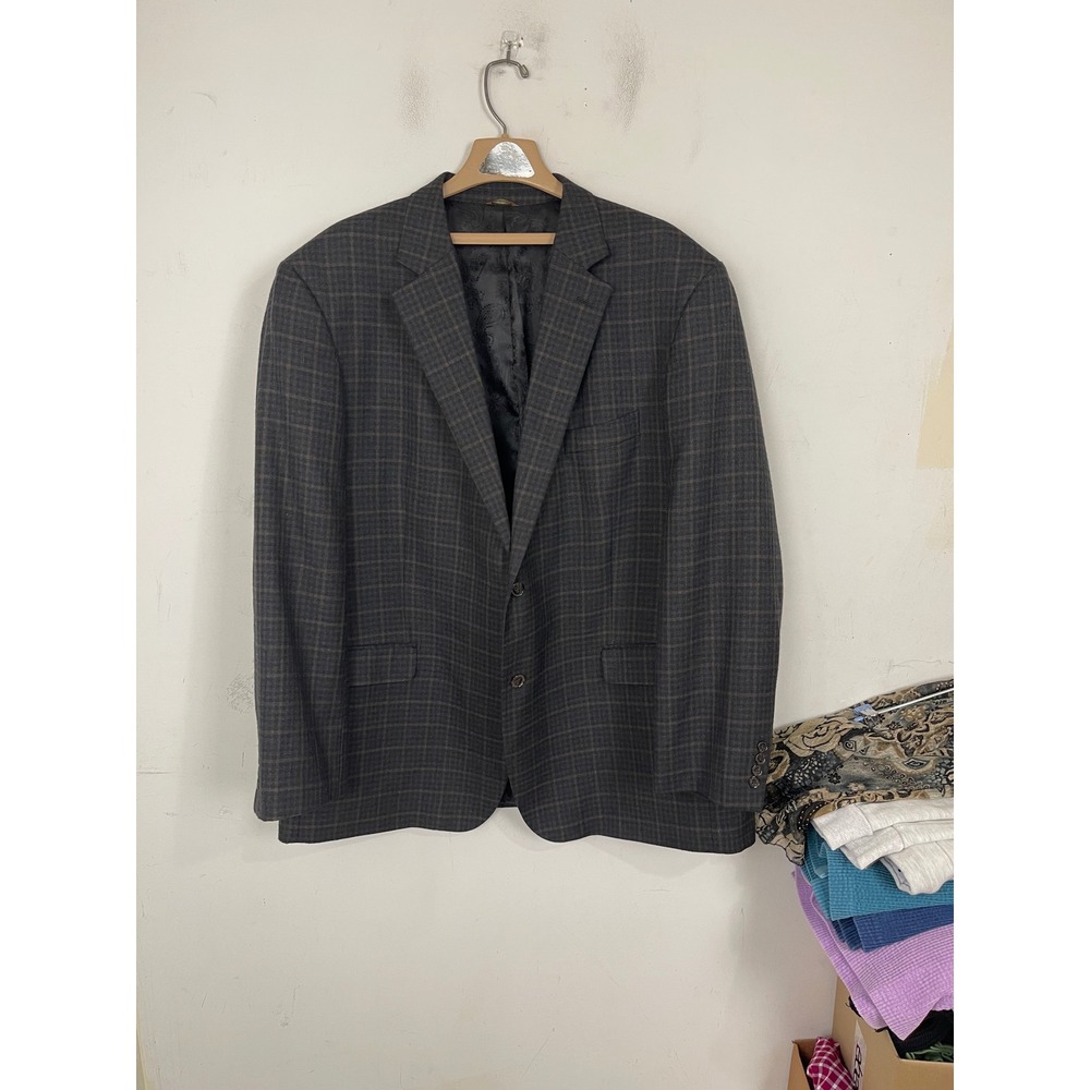 Oak Hill Mens Grey Brown‎ Plaid Wool Blend Blazer Jacket 2XLT 50/52 Tall